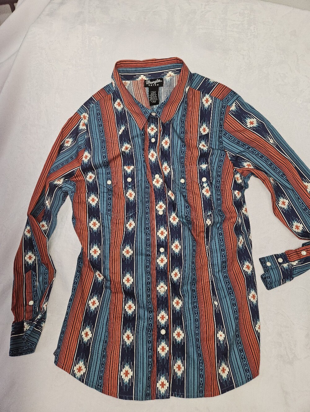 Wrangler Blue and Orange Striped Western-Style Button-Down Shirt